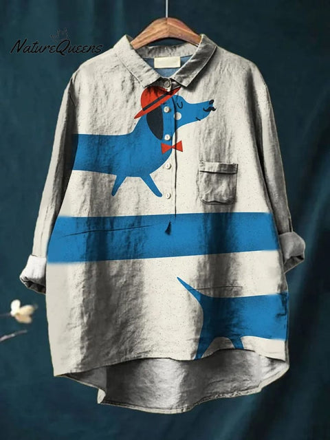 Funny Dachshund Graphic Printed Women's Casual Cotton And Linen Shirt