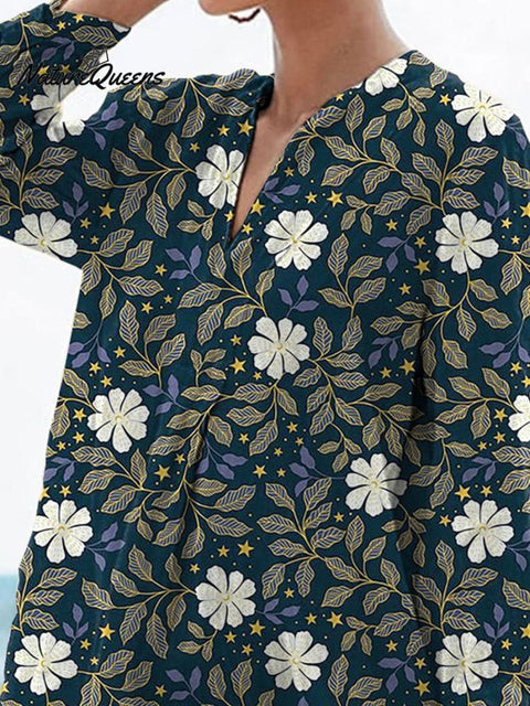 Midnight White Floral Pattern Printed Women's Casual Linen V-neck Shirt