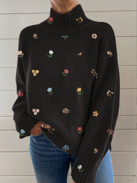 Cute Little Flowers Print Knit Turtleneck Pullover Sweater