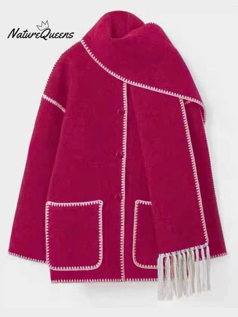 Women's Thickened Loose Woolen Coat with Scarf and Tassels