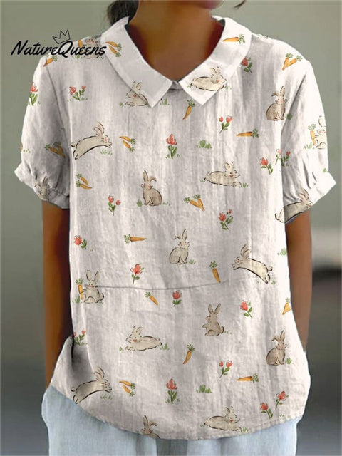 Lovely Bunny Burrow Pattern Printed Women's Casual Cotton And Linen Shirt