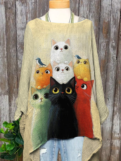 Funny Cat Family Art Printed Women's Pocket Cotton Top