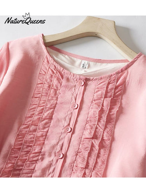 Double Layered Lace Up Waist Up Cotton Linen Middle Sleeve Dress