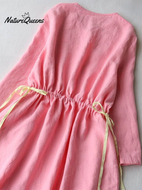 Cotton And Linen V-neck Diagonal Neckline Drawstring Open Button Dress