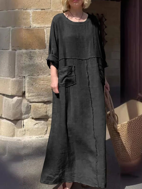 Women's Round Neck Solid Color Cotton And Linen Long Sleeve Pocket Casual Pleated Dress