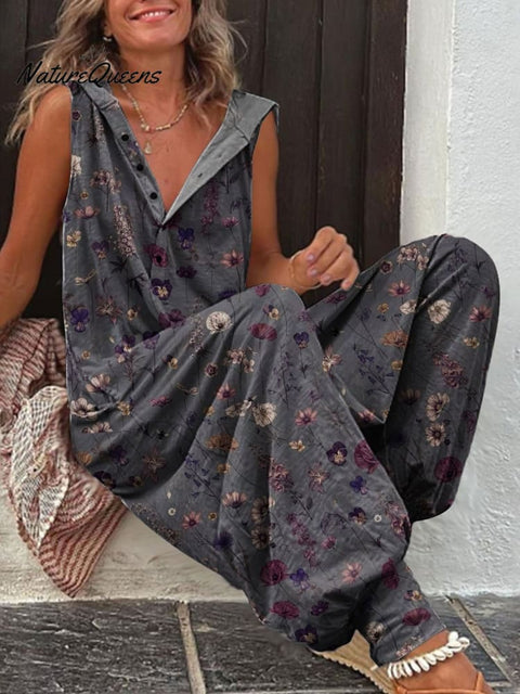Women's Flower Art Print Casual 100% Cotton Wide Leg Jumpsuit