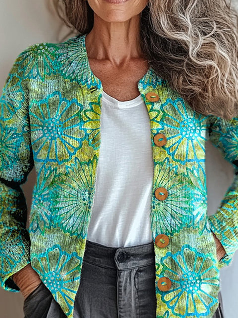 Watercolor Block Print Sunflower Pattern Printed Buttoned Cardigan Sweater