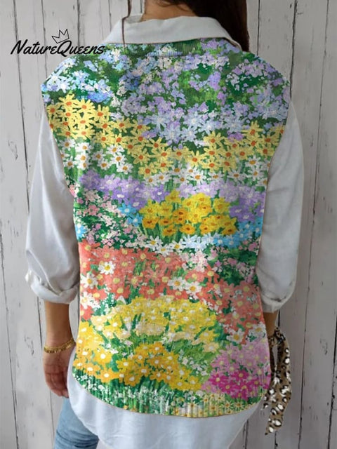 Blooming Summer Floral Field Pattern Printed Women's Versatile Knitted Vest