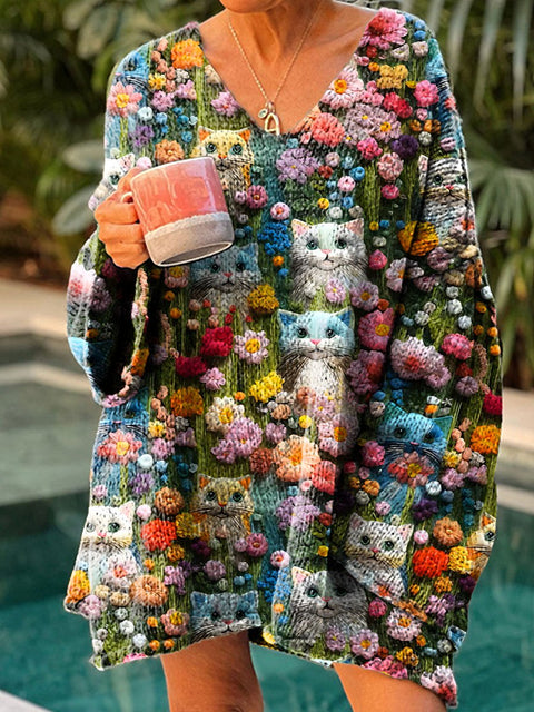 Women's Lovely Floral Cats Art Print Casual Pullover Sweater