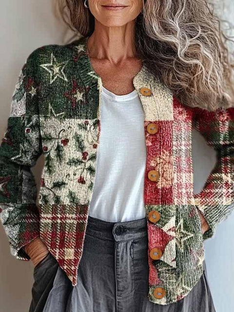 Women's Lovely Christmas Floral Patchwork Art Print Buttoned Cardigan Sweater