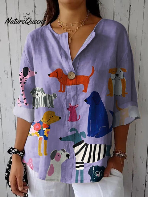 Women's  Dog Art Print Casual Cotton Linen Shirt