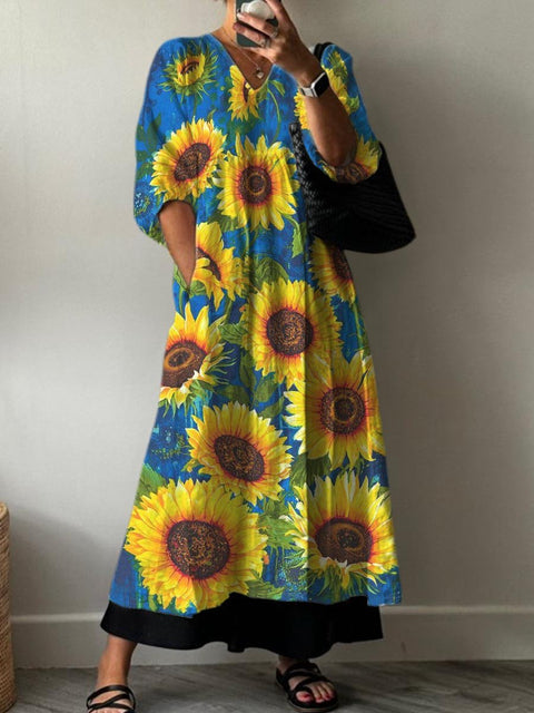 Blue Sky and Sunflower Garden Decorative Pattern Pocket V-neck Cotton Dress
