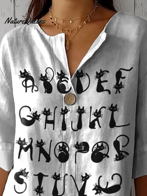 Lovely Cat Alphabet Pattern Printed Women's Casual Cotton Linen Shirt