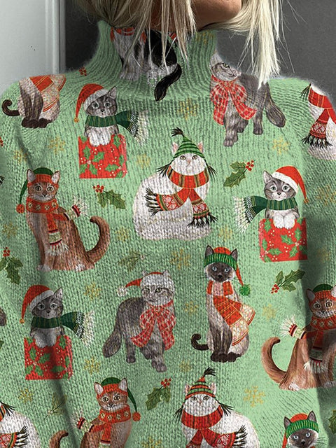 Lovely Christmas And Cats Pattern Printed Knit Turtleneck Pullover Sweater