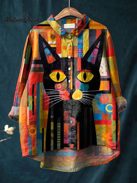 Colorful Geometric Cat Painting Printed Women's Casual Cotton And Linen Shirt