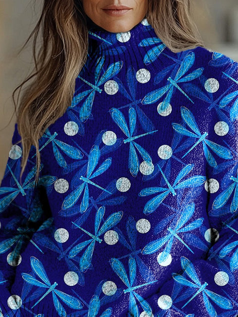Vibrant Dragonfly Repeat Pattern Printed Knit Turtleneck Pullover Sweater