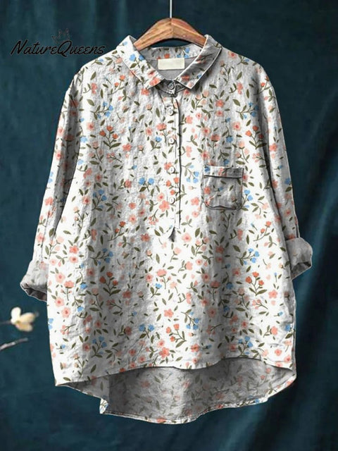 Petite Spring Field Pattern Printed Women's Casual Cotton And Linen Shirt