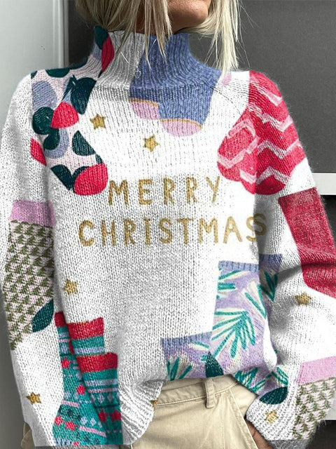 Merry Christmas with Colored Socks Print Knit Turtleneck Pullover Sweater