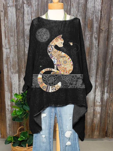 Ethnic Style Cat Art Printed Women's Pocket Cotton Top