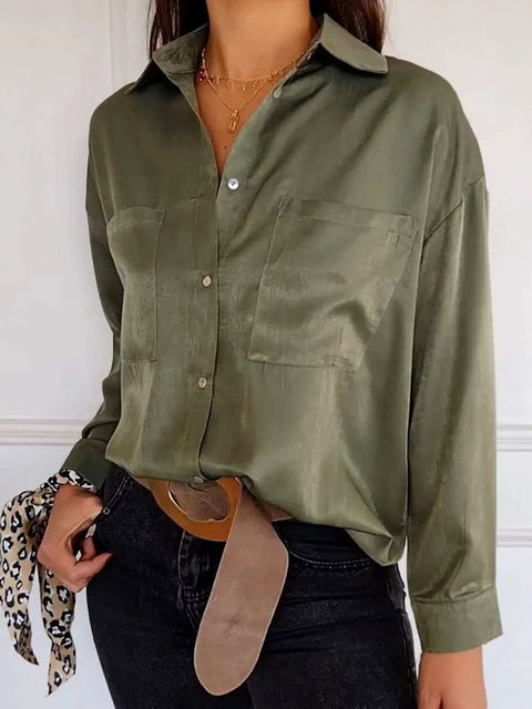 Women's Stylish Lapel Fashion Solid Color Long Sleeve Pocket Casual Shirt