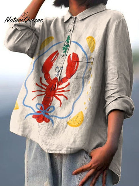 Lemon Lobster Decorative Pattern Casual Cotton And Linen Shirt