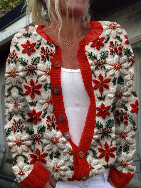 Poinsettia Christmas Flower Christmas Ugly Print Buttoned Cardigan Sweater