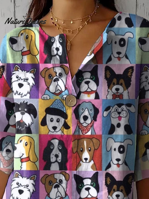 Lovely Check And Puppy Dog Pattern Printed Women's Casual Cotton Linen Shirt