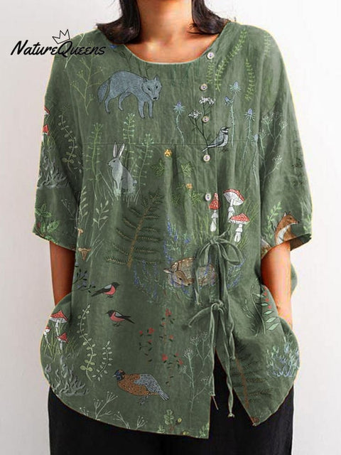 Woodland And Animals Repeat Pattern Printed Women's Casual Cotton And Linen Shirt