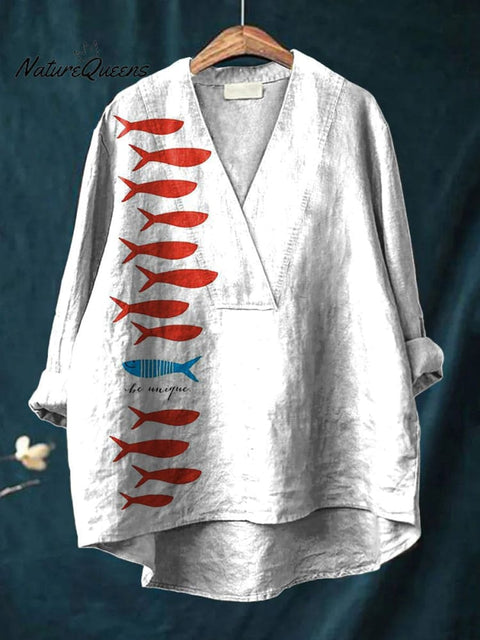 Be Unique Fish Graphic Printed Women's Casual Cotton And Linen V-neck Shirt