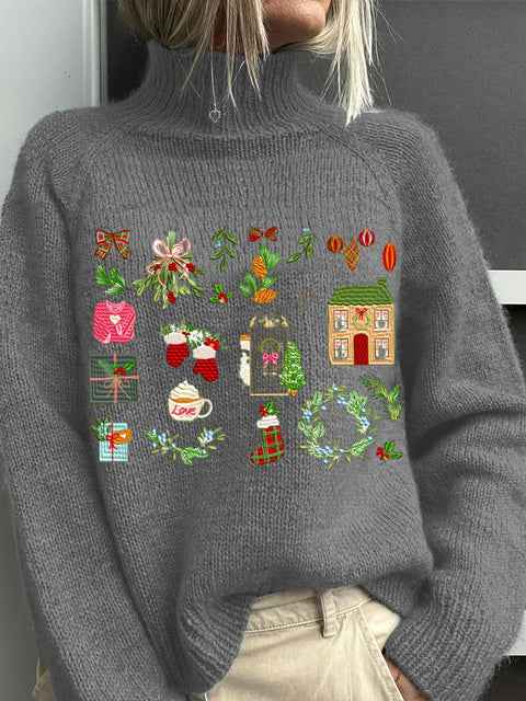 Embroidery   Christmas Art Print Knit Turtleneck Pullover Sweater