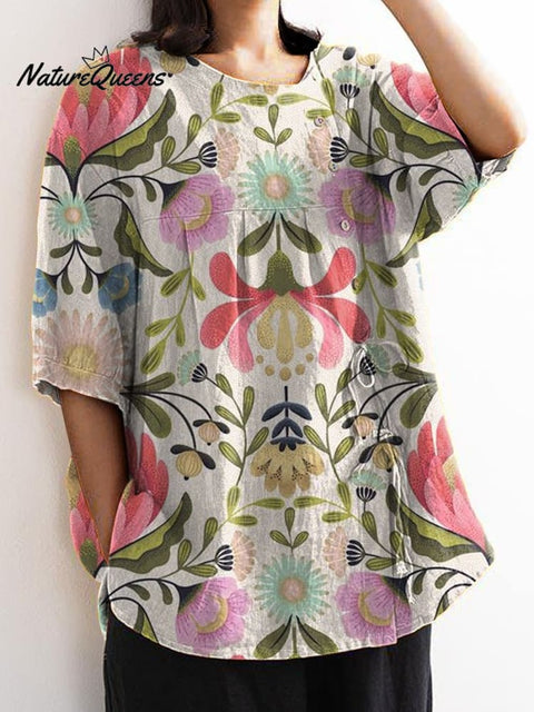 Women's Flowers and Flowers Print Casual Cotton And Linen Shirt