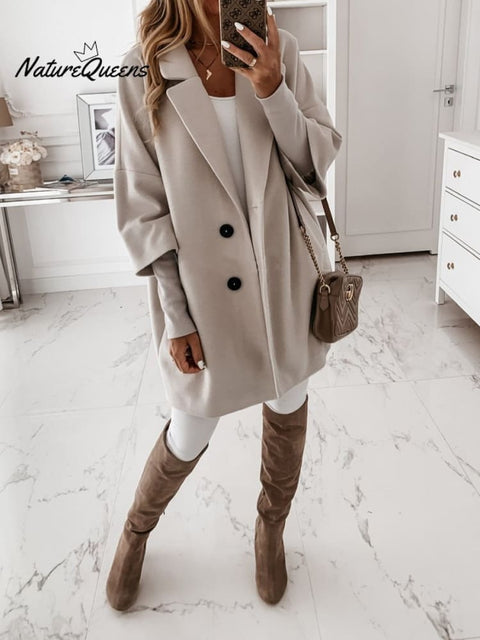 Autumn and Winter Three-quarter Sleeve Button Lapel Pocket Woolen Jacket