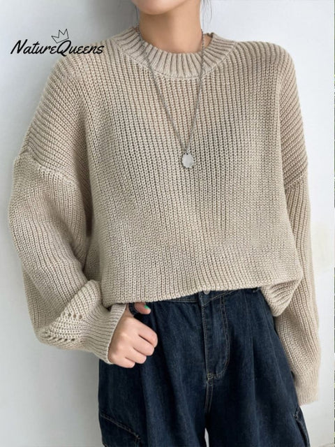 Autumn and Winter Solid Color Versatile Sweater Fashionable Pullover Round Neck Long Sleeve Loose Knitted Top
