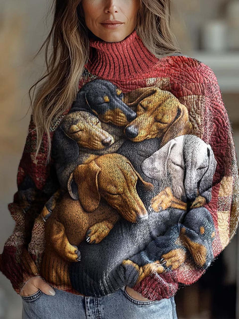 Women's Lovely Dogs Art Print Knit Turtleneck Pullover Sweater