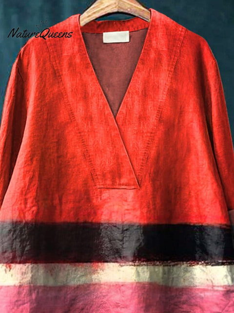 Abstract Geometric Color Blocks Art Printed Women's Casual Cotton And Linen V-neck Shirt