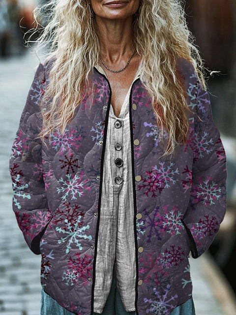 Women's Retro Christmas  Snowflake Print  Casual Quilted Jacket