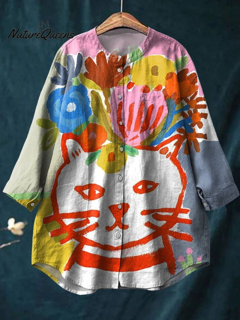 Cat In Floral Crown Painting Printed Women's Casual Cotton And Linen Shirt