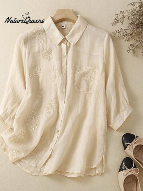 Loose Casual All-Match Embroidered Cotton Linen Shirt