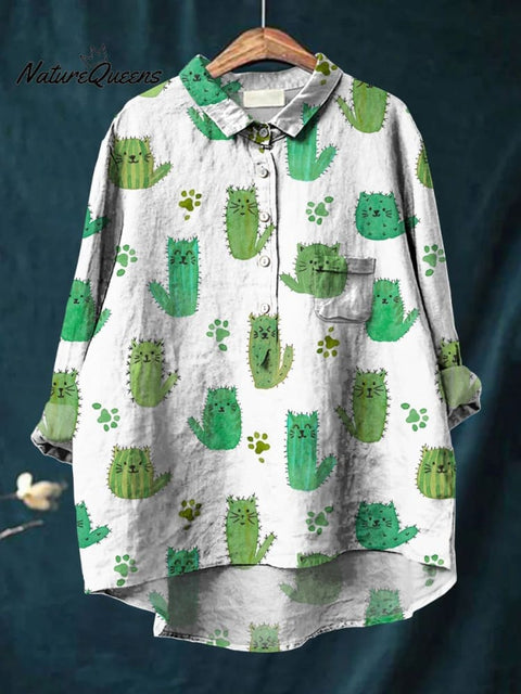 Women's Cactus Cat Print Casual Cotton And Linen Shirt