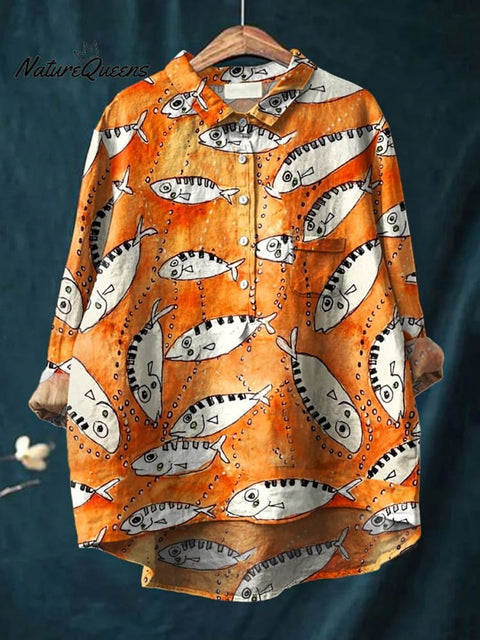 Women's Fish  Art Print Casual Cotton And Linen Shirt