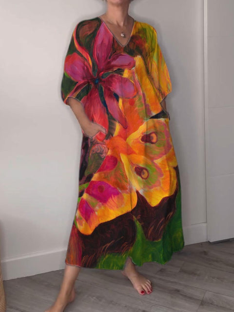 Bright Large Flower Decorative Pattern Pocket V-neck Cotton Dress