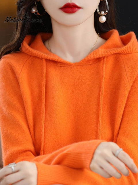 Women's Stylish Casual Long Sleeve Solid Color Hooded Loose Wool Knitted Sweater