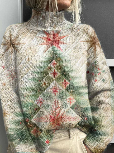 Women's Lovely Christmas Tree Art Print Knit Turtleneck Pullover Sweater