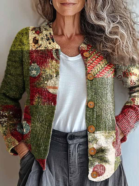 Women's Lovely Christmas Floral Patchwork Art Print Buttoned Cardigan Sweater