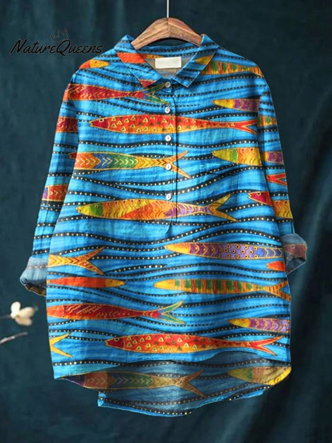 Women's Fish  Art Print Casual Cotton And Linen Shirt