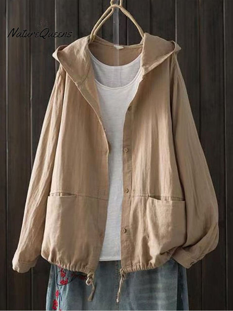 Women's Loose Large Size Cotton Yarn Hooded Long Sleeve Cardigan Casual Jacket