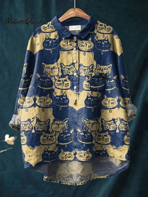 Women's Cat Animal Contrasting Color Art Print Casual Cotton And Linen Shirt