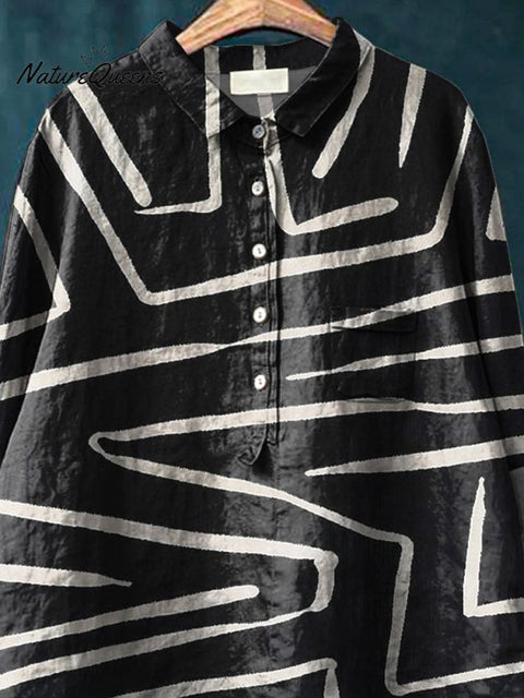 Black And White Geometric Line Pattern Printed Women's Casual Cotton And Linen Shirt
