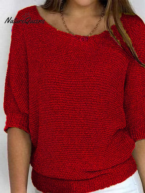 Solid Color Round Neck Three-quarter Sleeve Knitted Sweater