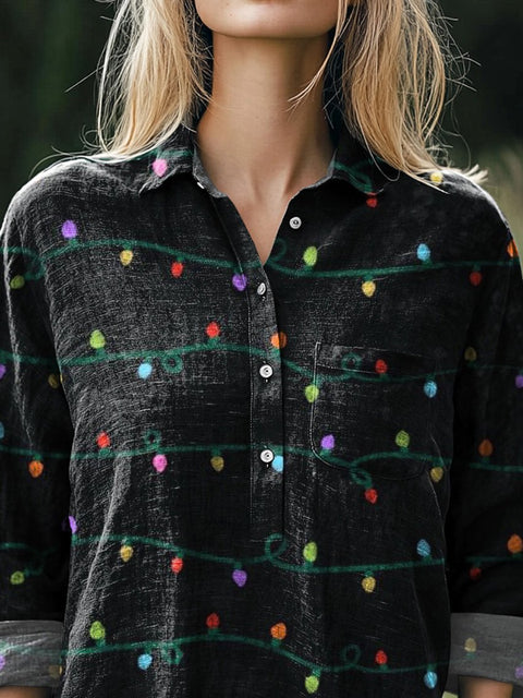 Christmas Light Pattern Printed Women's Casual Cotton And Linen Shirt